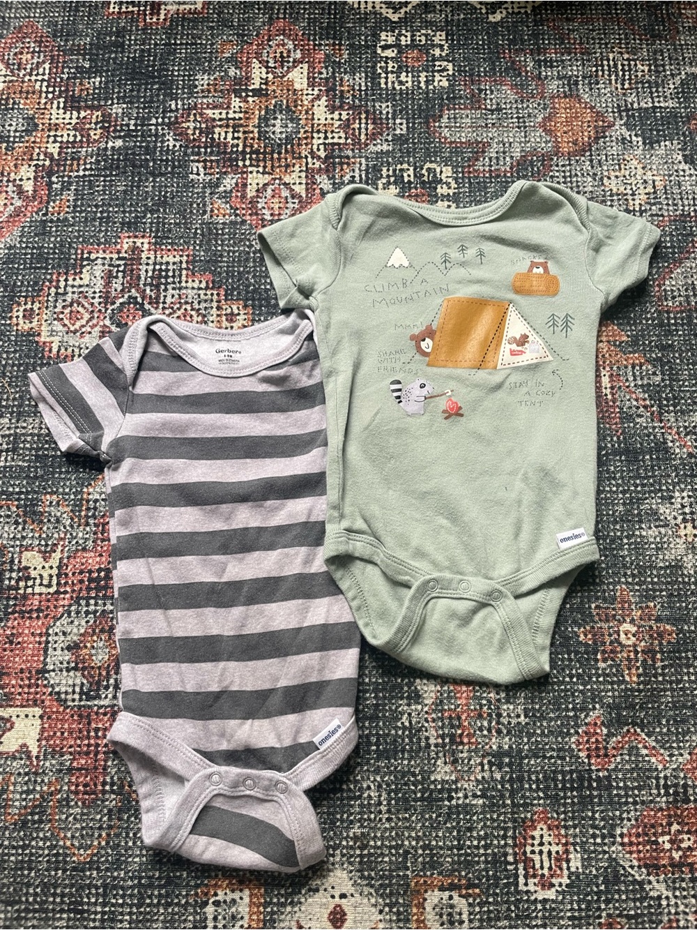 Gerber Short-Sleeve One-Piece Bodysuits - Green & Gray Stripe